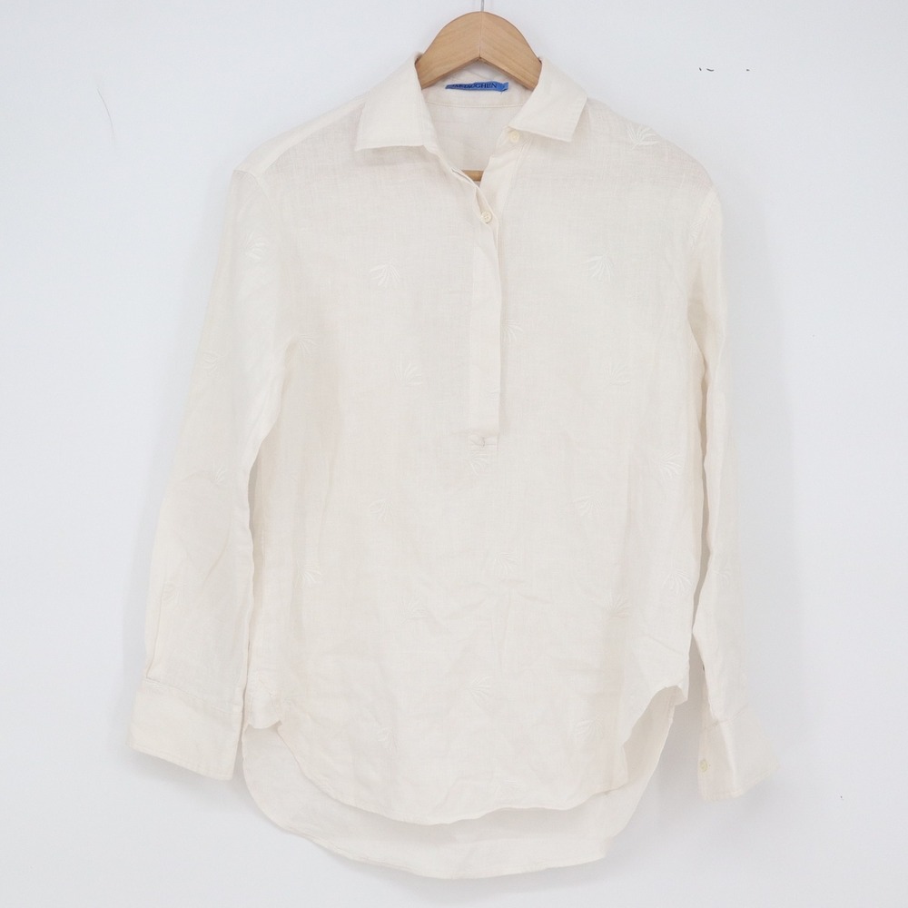 J.McLaughlin Linen Top Womens S Popover Off White Palm Embroidered Excellent